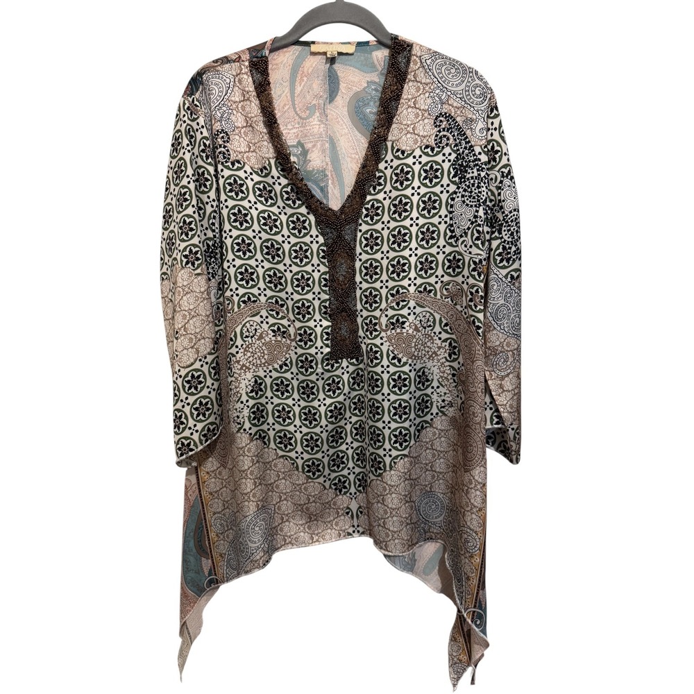 Catina Tunic Top Women's Large Paisley Beaded Boho Whimsigoth Handkerchief Hem